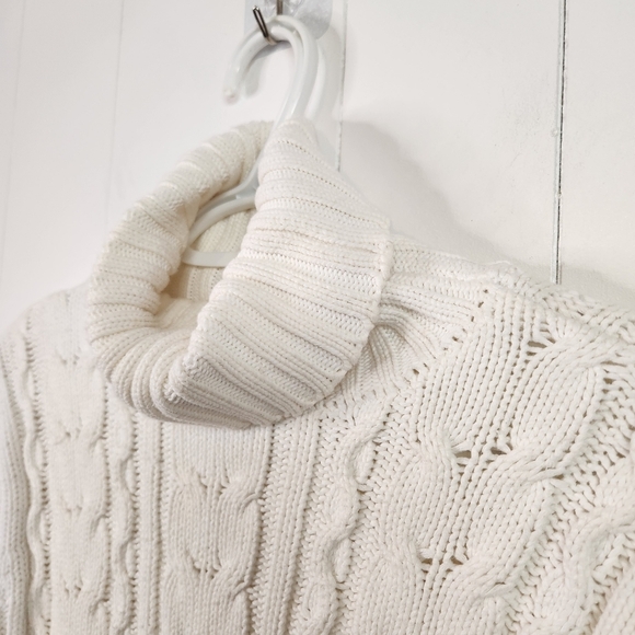 Vintage 90s White Turtleneck Cable Knit Long Sleeve Sweater 1990s Cotton Preppy - Picture 3 of 9